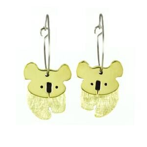Far Fetched Dancing Koala Bear Hoop Earrings Brushed Brass Artisan Handmade